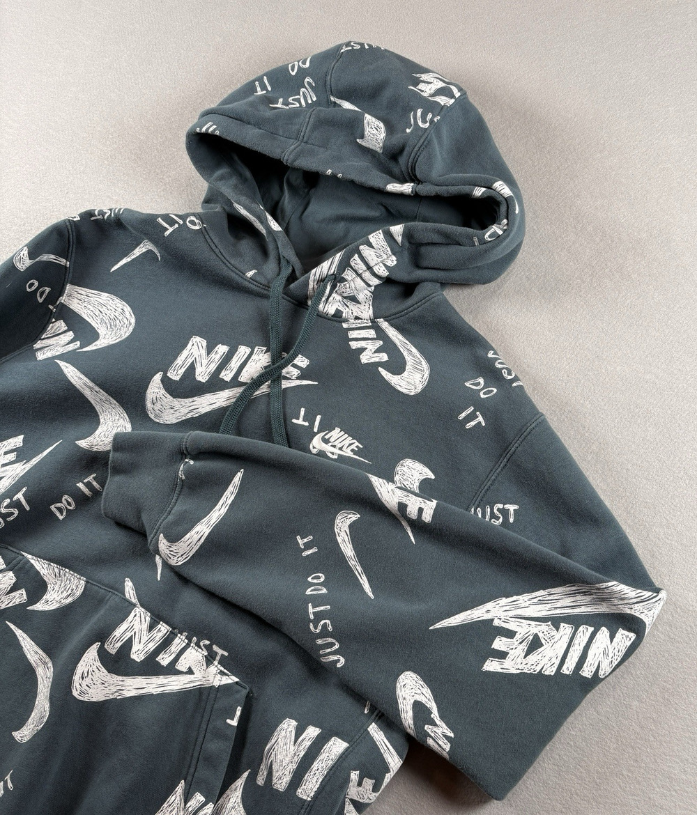 Nike Men's Small Teal Allover Print Swoosh Just Do It Pullover Hoodie